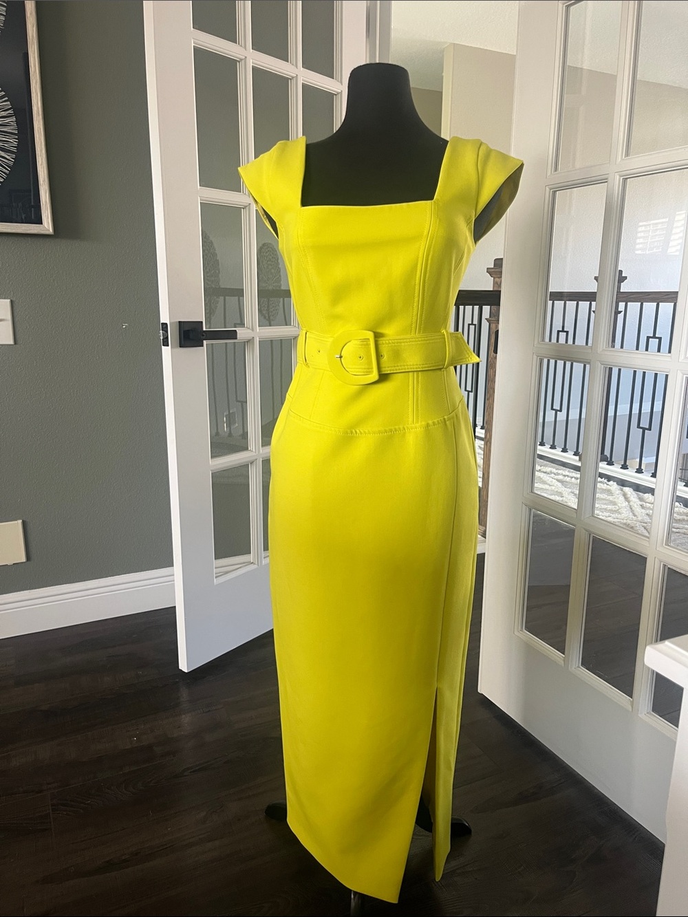 Karen Millen Lemon Yellow Square Neck Belted Midi Dress